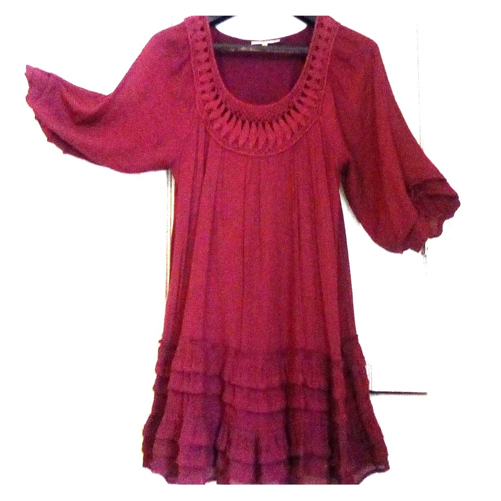 ENTRO Dress Maroon Red Lace Crochet Lined Ruffles